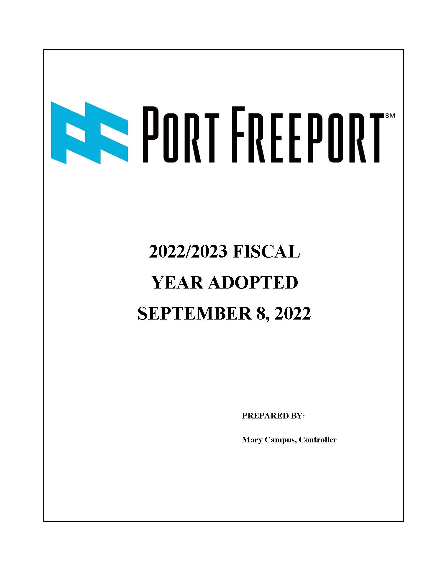 Cover page Port Freeport 2023 Budget